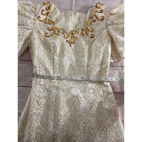 Vintage Mike Benet Formals Ivory Puff Sleeves Gown With Gold Trim - Small - Picture 8 of 14